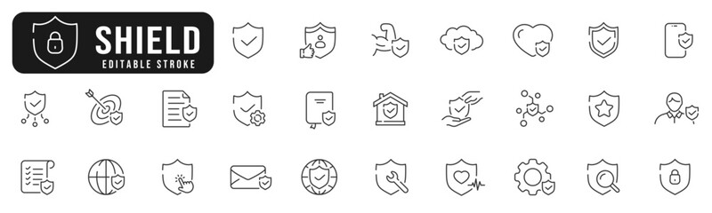 Set of shield related line icons. Protection, safety, secure, guard etc. Editable stroke