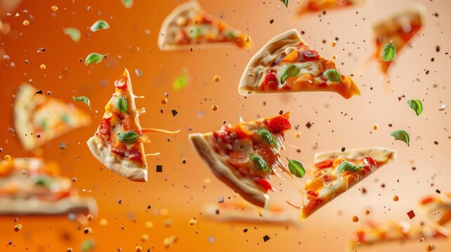 Dynamic poster showcasing floating pizza slices in a kinetic layout