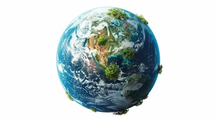 Fototapeta premium 3D rendering of Earth with detailed textures showing vibrant ecosystems and the visual effects of climate change, on a white studio background.