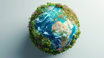 3D rendering of Earth with detailed textures showing vibrant ecosystems and the visual effects of climate change, on a white studio background.