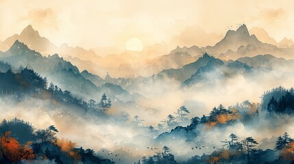 A decorative abstract background of Chinese wind wallpaper, ink wash, a landscape painting, golden brushstrokes. Paintings on canvas, posters, cards, murals, posters, and prints...