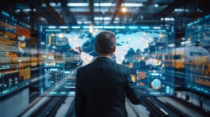 a rail logistics expert planning route optimizations for high-speed trains on a digital map, in a modern office.