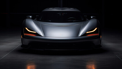 Fototapeta premium Luxury in Solitude: Sleek Silver Sports Car Rests in Empty, Dimly Lit Garage