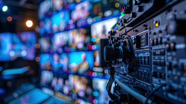 interactive TV control panel in the studio, surrounded by monitors displaying live video content during production for a news show.