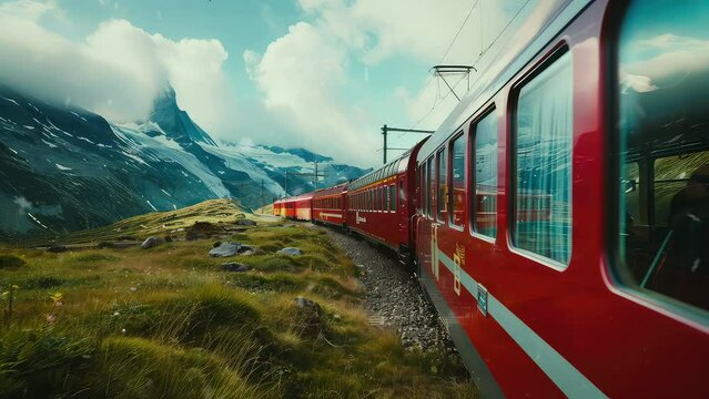 Animation amazing red train in the switzerland mountain. seamless 4k video looping background. generated with ai