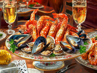 Delicious seafood, shrimps, mussels and oysters on a decorative plate