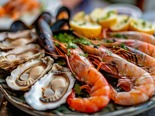 Delicious seafood, shrimps, mussels and oysters on a decorative plate