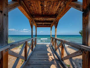 Wooden bridge on the beach with roof, beautiful landscape and sky  - Powered by Adobe
