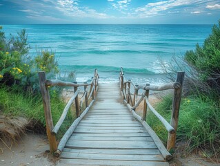 Wooden bridge on the beach, beautiful landscape and sky