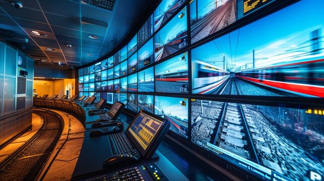 rail logistics control room, where engineers monitor high-speed train operations on large screens, in a high-resolution setting.