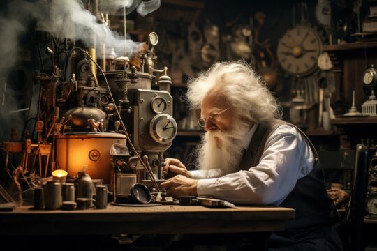 Elderly artisan watchmaker works on an intricate timepiece in a cozy, antique-filled workshop