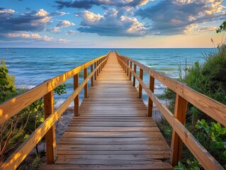 Fototapeta premium Wooden bridge on the beach, beautiful landscape and sky