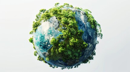3D image of Earth, showcasing green landscapes and areas affected by global warming, emphasizing environmental conservation, against a white background.
