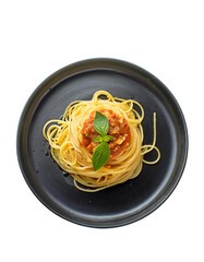 Delicious spaghetti served on a black plate top view on transparent background