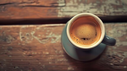 A cup of coffee sits on a wooden table. The coffee is hot and steaming, and the cup is filled to the brim