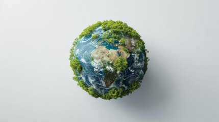 Fototapeta premium 3D rendering of Earth with a focus on lush green forests and the effects of global warming, on a white studio background.
