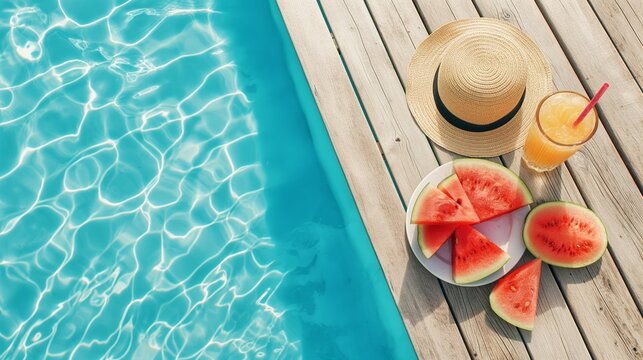 Beat the Heat, Tips to Keep Cool, Refreshing Poolside Scene with Watermelon and Orange Juice