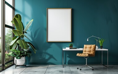 empty poster frame on blue wall, mockup design. ai generated