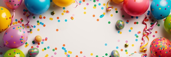 Colorful balloons, confetti, and streamers on a blank backdrop, creating a joyous frame for celebratory and festive designs