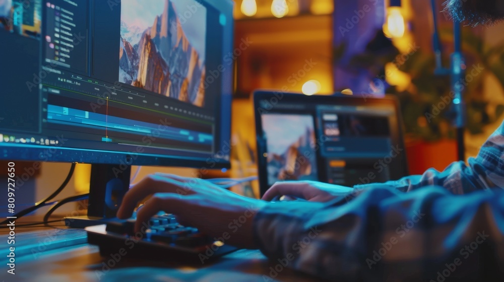 Poster an image showing close up footage of a person's black hands using a computer while sitting at a tabl