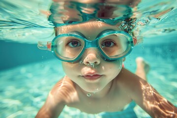Naklejka premium Young child enjoying pool time with swim goggles