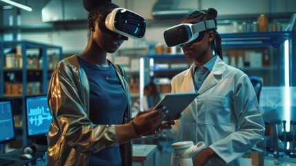 A black teacher wearing a virtual reality headset gives advice to a student, using VR technology and prototyping in CAD software with controllers. The concept is part of a futuristic university and - Powered by Adobe