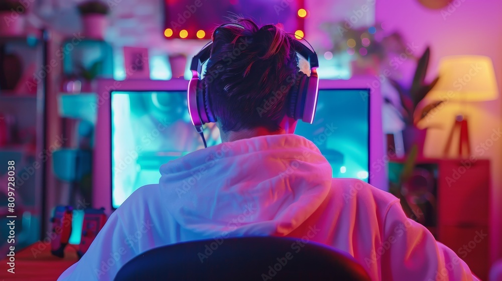 Poster video game player putting on headphones and playing a video game on a personal computer at home on a