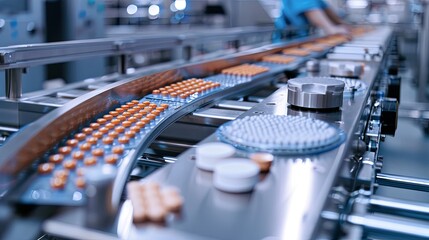 Obraz premium Production line of the pharmaceutical industry. Conveyor belt with pills and capsules
