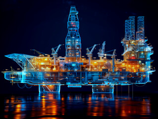 3D rendering , Oil rig constructtion plant overlay with wireframe  on black background