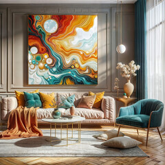 a brightly colored living room with a large painting on the wall, modern art style, oil painting in a modern style, abstract liquid acrylic art, 8k 4k, 8 k 4 k, 8k)), ocher and turquoise colors, 4k 8k