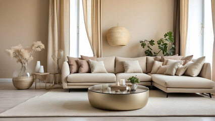 This image showcases a plush, beige living room with elegant furniture and tasteful decorative elements creating a warm, inviting atmosphere