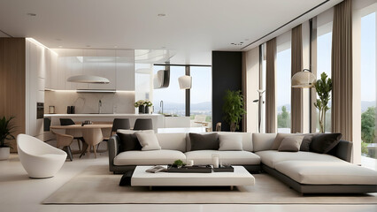 An expansive contemporary living room space with panoramic windows showcasing a cityscape