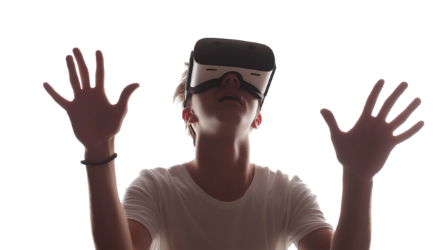 A young man experiencing virtual reality eyeglasses headset isolated on a transparent background - Powered by Adobe
