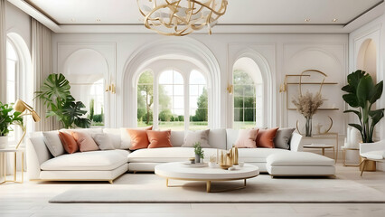 This luxurious living room combines modern comfort with classic architecture, featuring large windows and elegant furniture