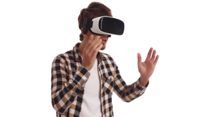 A young man experiencing virtual reality eyeglasses headset isolated on a transparent background