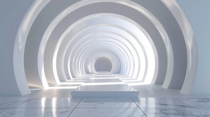 Obraz premium White round tunnel podium abstract background. Light reflection stage. 3d render 