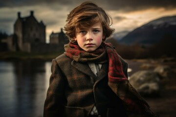Spirited Scot child boy scottish castle. Historic adult. Generate Ai - obrazy, fototapety, plakaty