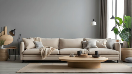 A warm and inviting living space featuring a comfortable beige sofa, wooden elements, and simplistic adornments