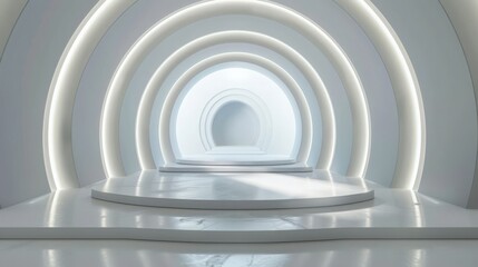 Obraz premium White round tunnel podium abstract background. Light reflection stage. 3d render 