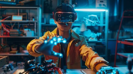 Using AR headset, engineering student designs and manipulates robot hand using controllers. Prototyping mixed technology application concept using virtual reality and mixed reality.