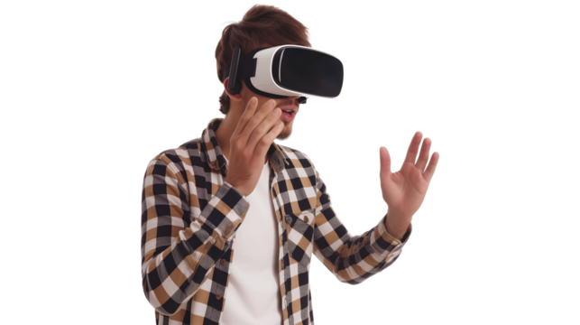 A young man experiencing virtual reality eyeglasses headset isolated on a transparent background
