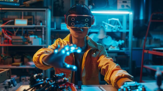 Using AR headset, engineering student designs and manipulates robot hand using controllers. Prototyping mixed technology application concept using virtual reality and mixed reality.