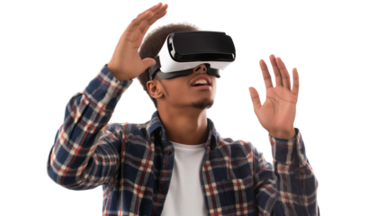 A young man experiencing virtual reality eyeglasses isolated on a transparent background