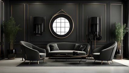 A high-end living room with black walls, sophisticated furniture, and a round, decorative mirror