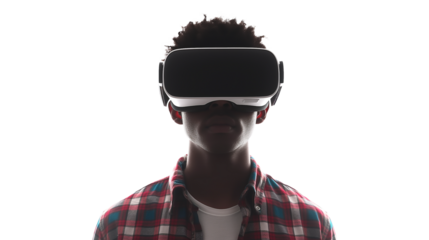 A young man experiencing virtual reality eyeglasses headset isolated on a transparent background