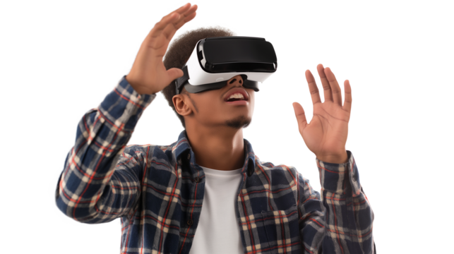 A young man experiencing virtual reality eyeglasses isolated on a transparent background