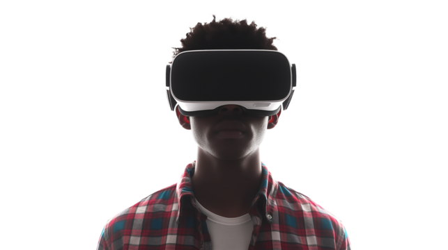 A young man experiencing virtual reality eyeglasses headset isolated on a transparent background