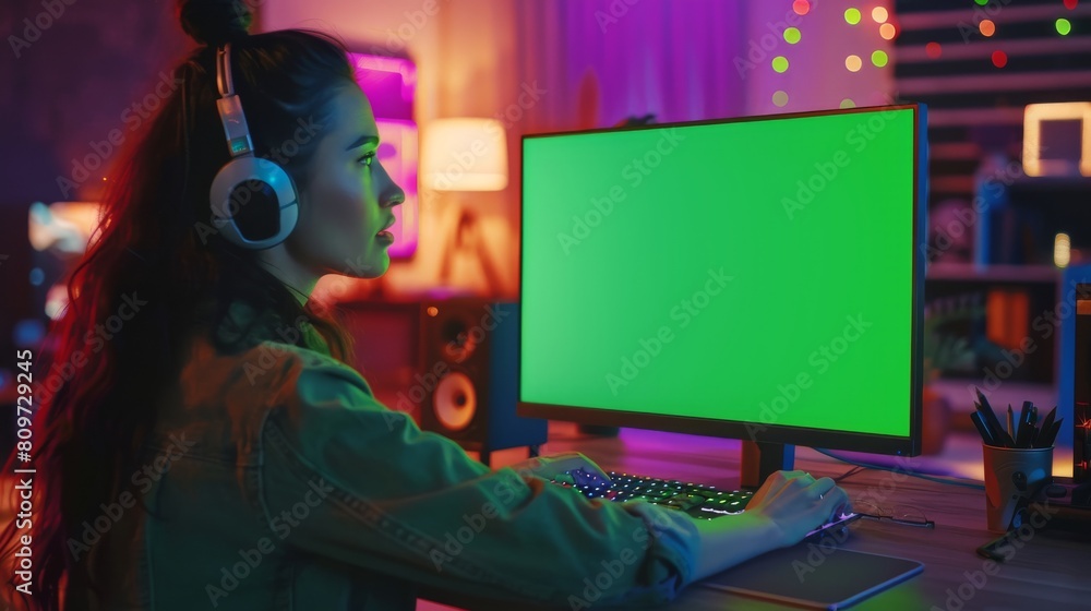 Poster designer using desktop computer with green screen chroma key monitor. remote access manager listenin