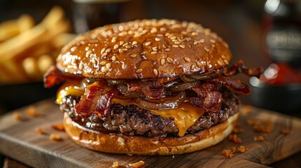 gourmet burger creations, a gourmet burger delight with gooey cheese, crispy bacon, and caramelized onions between golden buns, creating luscious layers of flavor