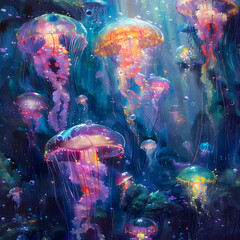 Underwater realm as a multitude of colorful jellyfish drift serenely through the dark abyss.